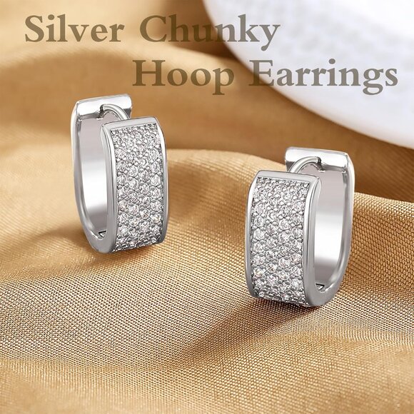 Sterling Silver Small Chunky Hoop Earrings with Cubic Zirconia, Hypoallergenic, - Picture 4 of 6